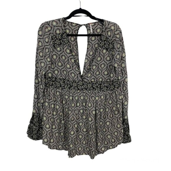 Free People V-Neck Yellow and Black Patterned Blouse - Picture 1 of 10